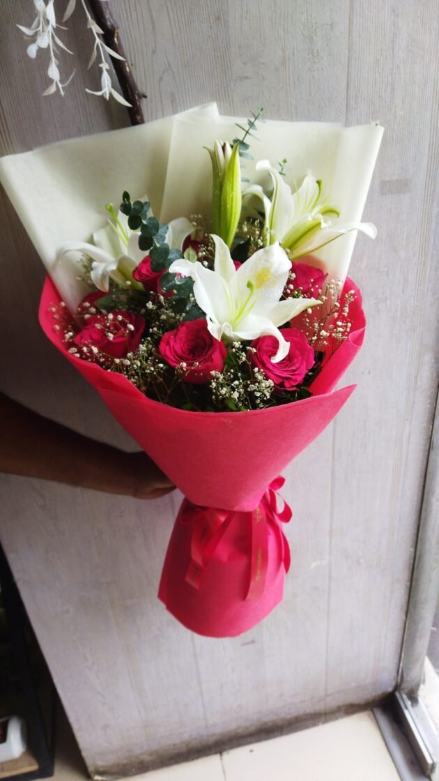 Classic Red Rose and White Lily Bunch