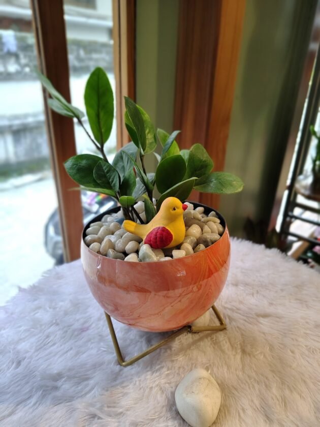 Zz plant with birdie in metal stand pot