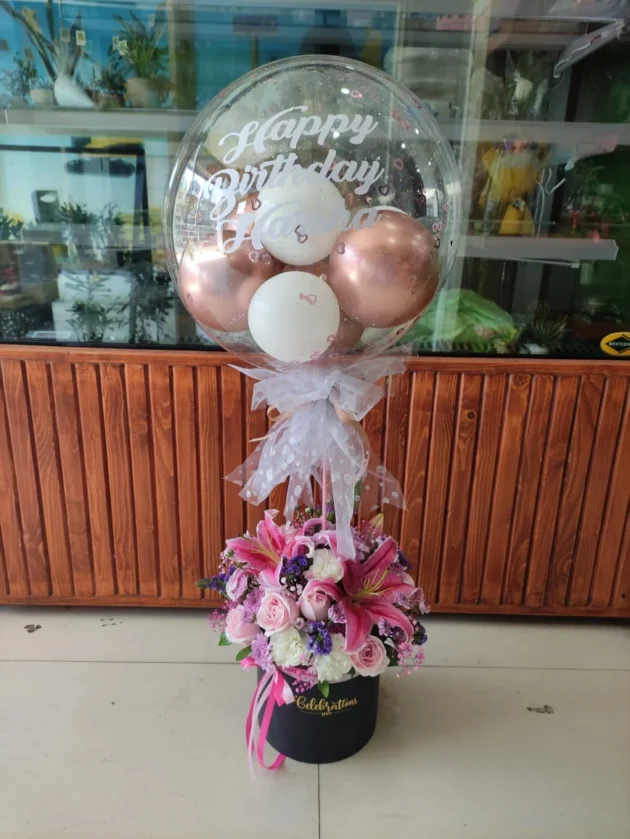Fresh cut flower arrangement with personalised balloon