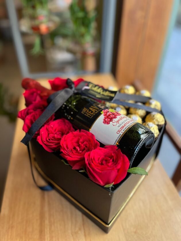 fruit champagne in heart shape box