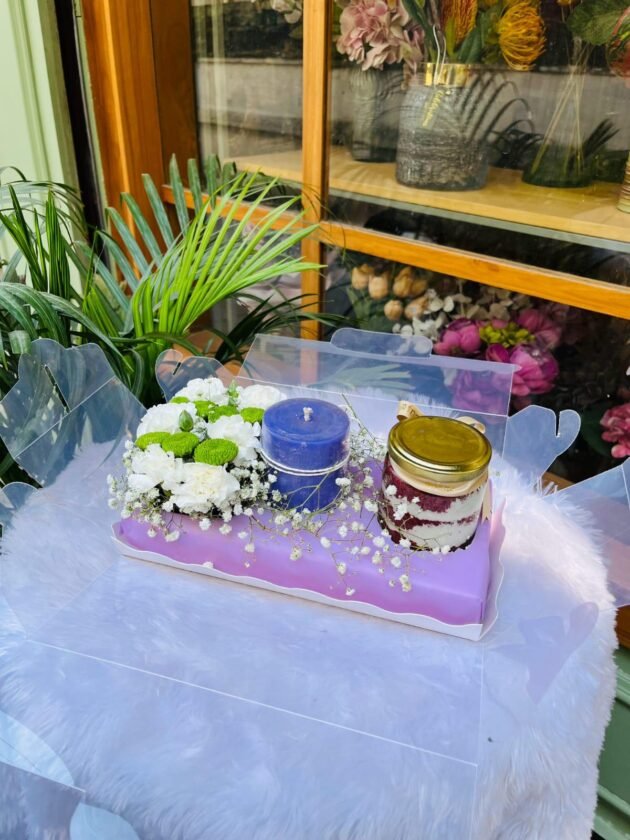 jar cake ,scented candles decorated with fresh flowers