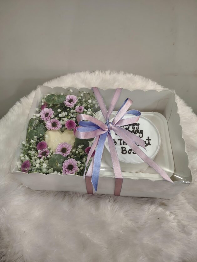 cake n chocolate with flowers in box hamper