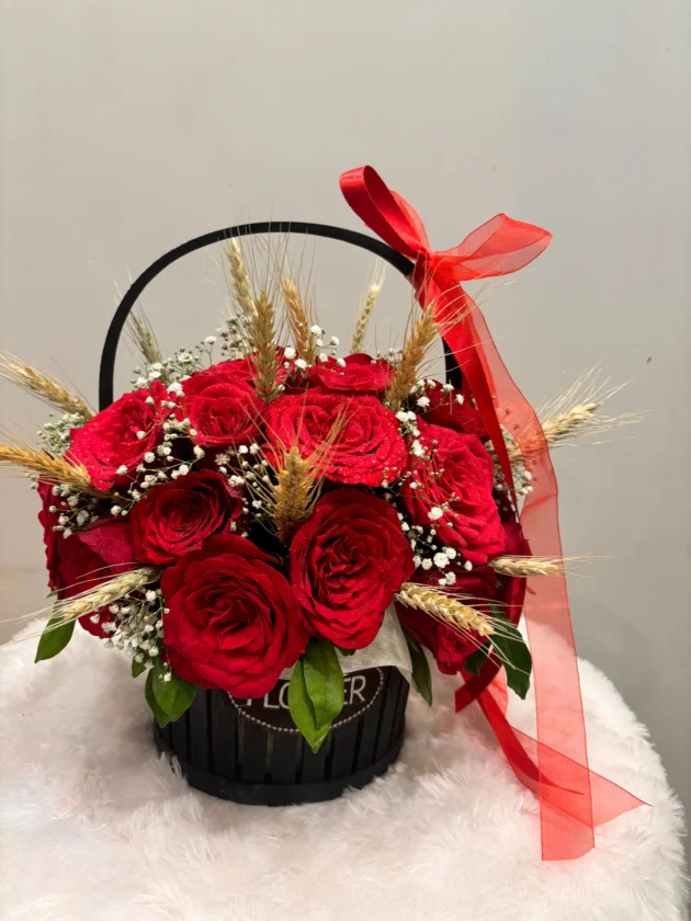 Classic red rose in gardening basket