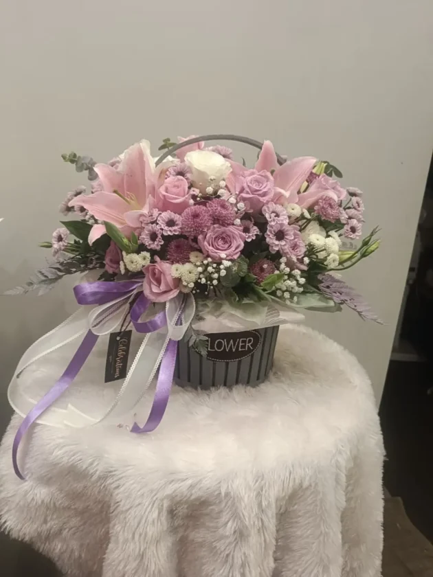 Hues of pink in grey basket