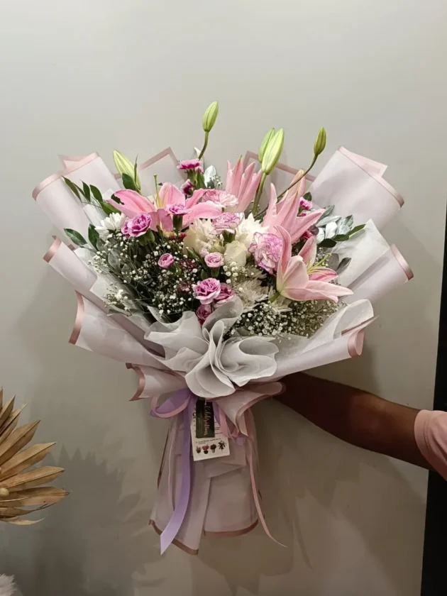 lilies and lilac rose bunch
