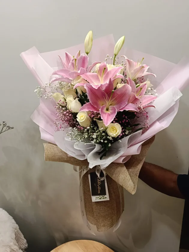 pink lily white rose bunch