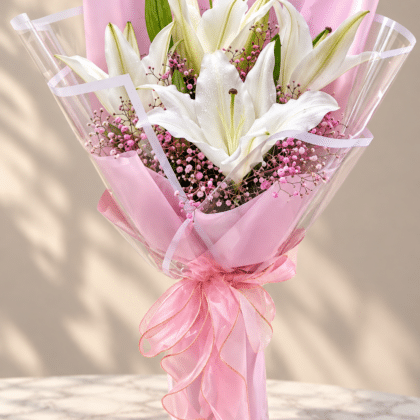 White Lily & Pink Baby’s Breath Bouquet