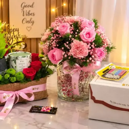 Birthday Floral Gift Hamper with Cake.